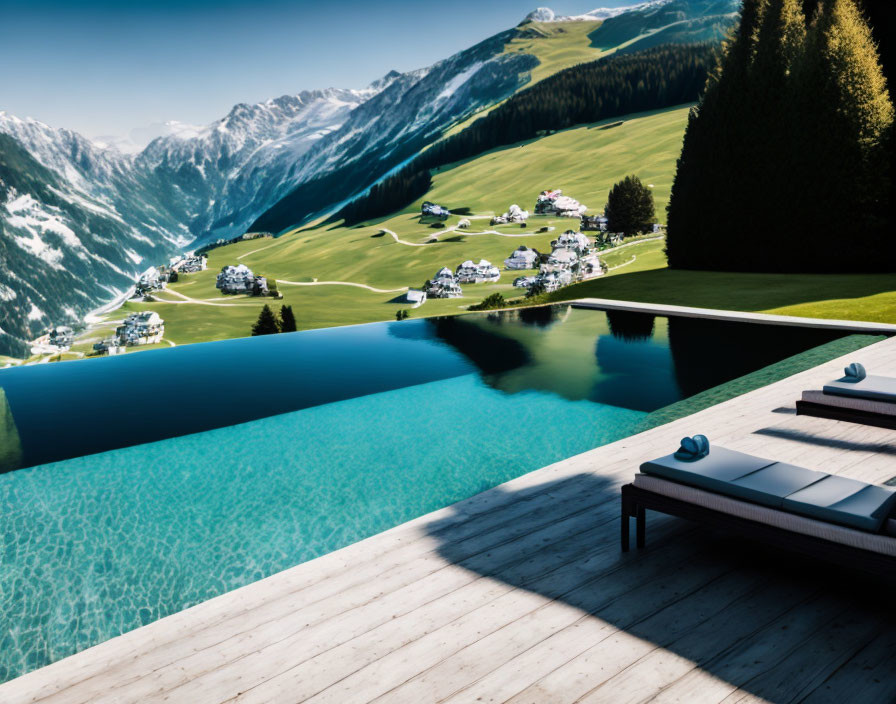 Infinity pool overlooking mountainous landscape with small buildings and lush greenery