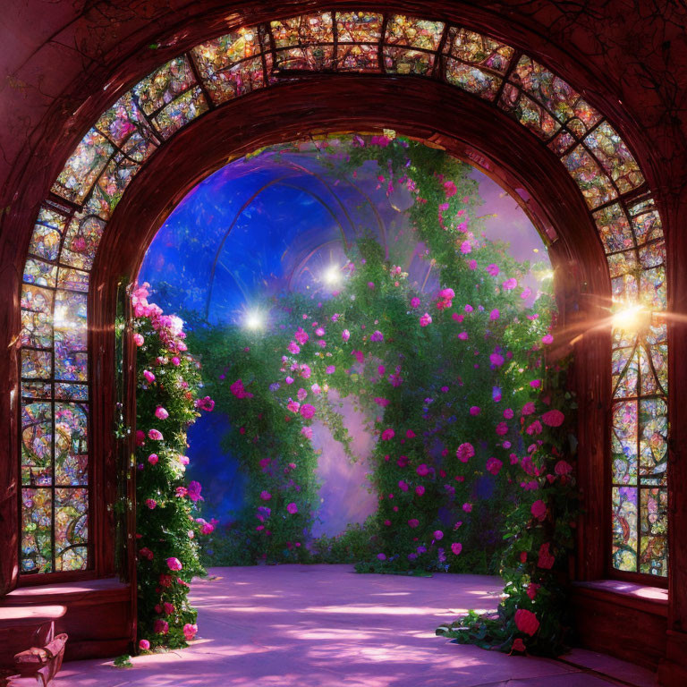 Colorful stained glass room with arched doorway to a magical garden full of pink flowers and lush green