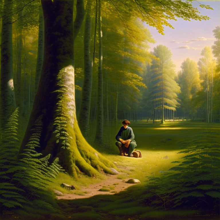 Person sitting under large tree in lush forest with sunbeams.