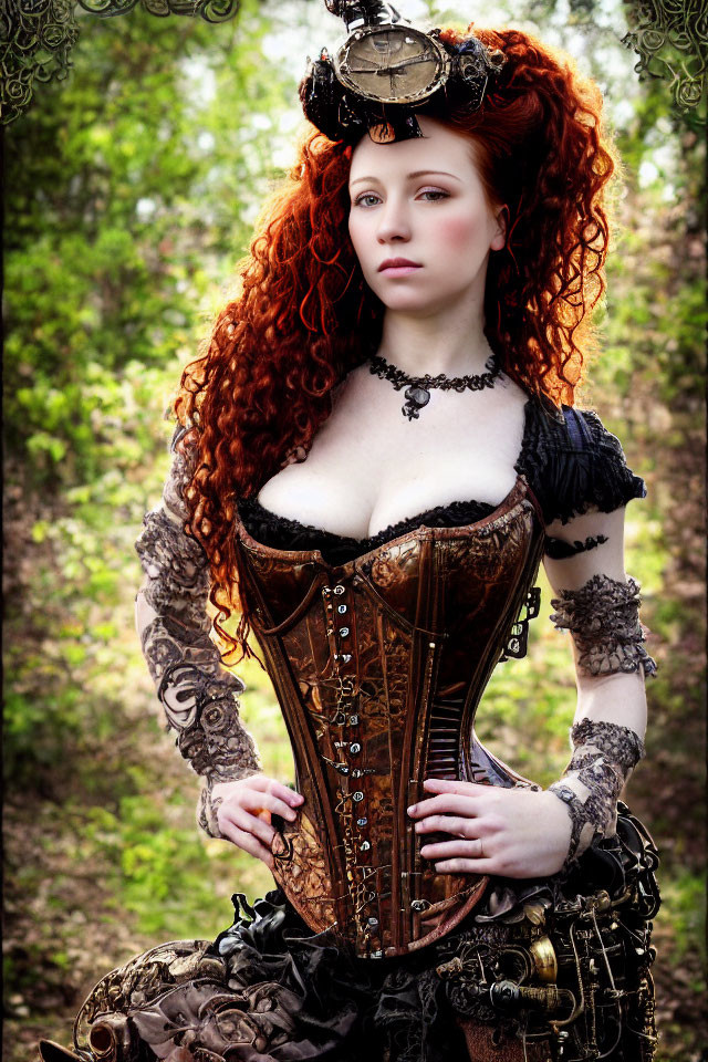 Victorian-inspired steampunk woman with red curly hair in woodland setting