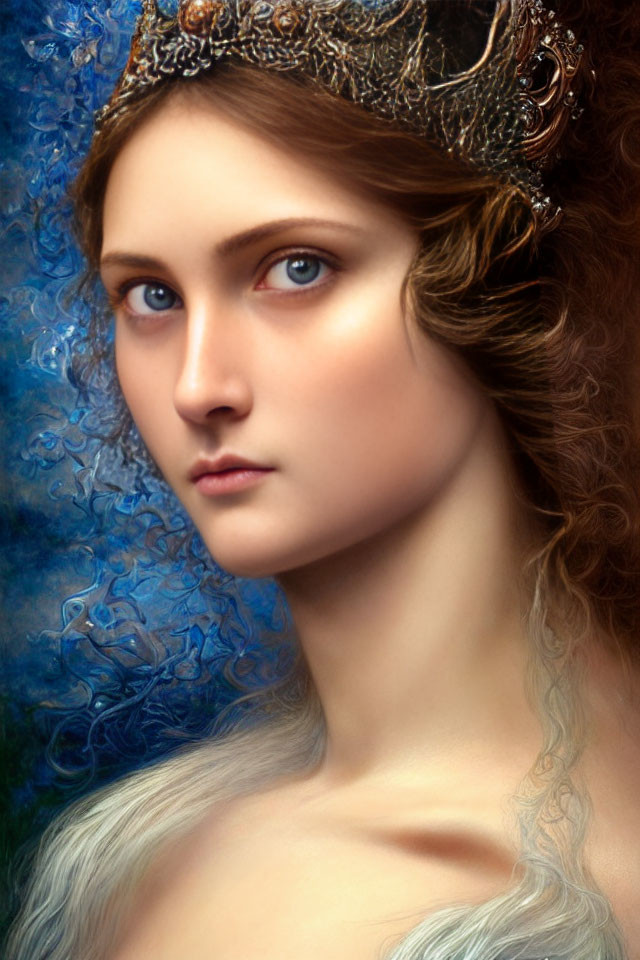 Portrait of woman with regal crown, intense gaze, blue backdrop, wavy hair