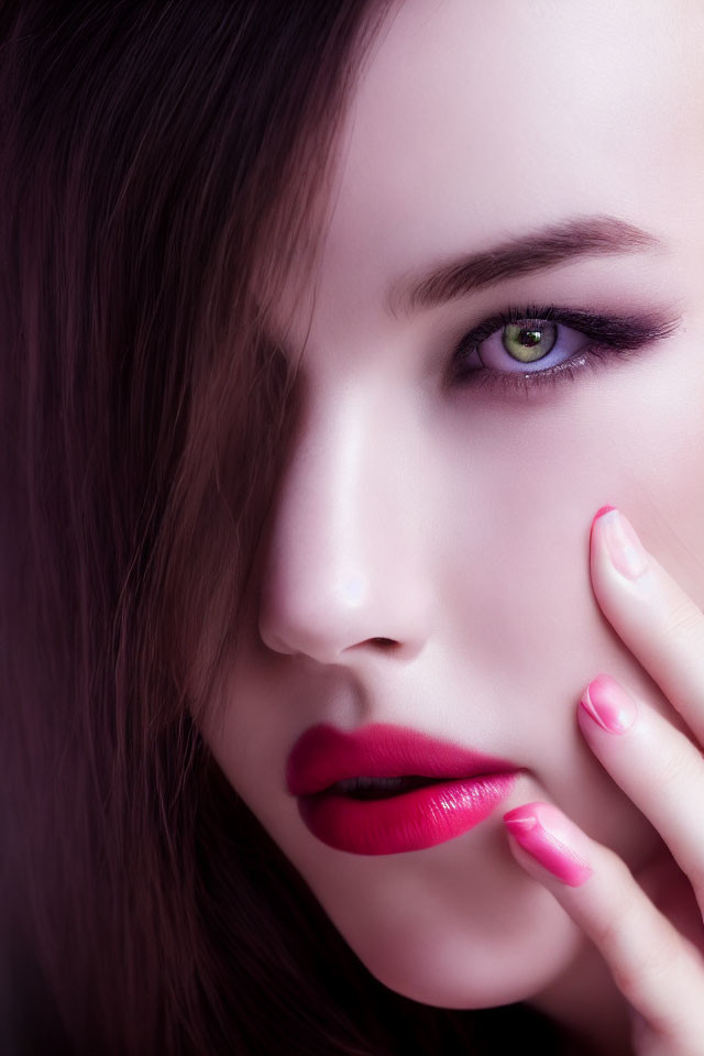 Detailed portrait of woman with vibrant green eyes, pink nails, and bold red lipstick
