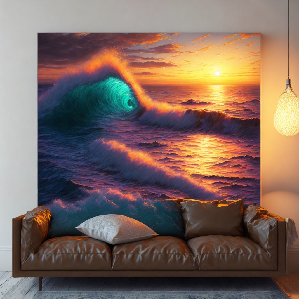 Surreal ocean scene canvas above brown leather couch