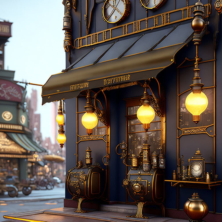 Steampunk-themed street corner with decorative gears and glowing lamps at dusk