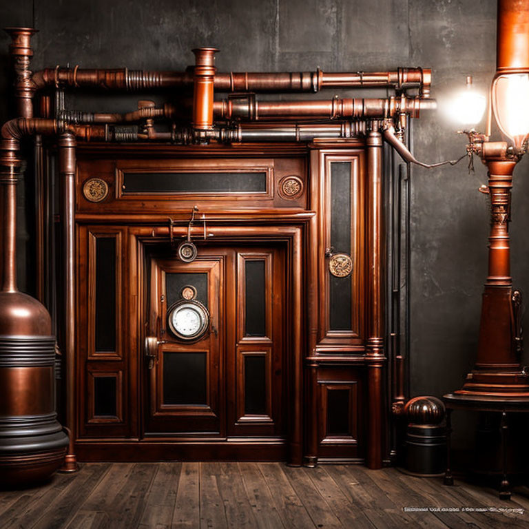 Vintage wooden door with ornate trim, copper pipes, gauge, and glowing bulb in steampunk
