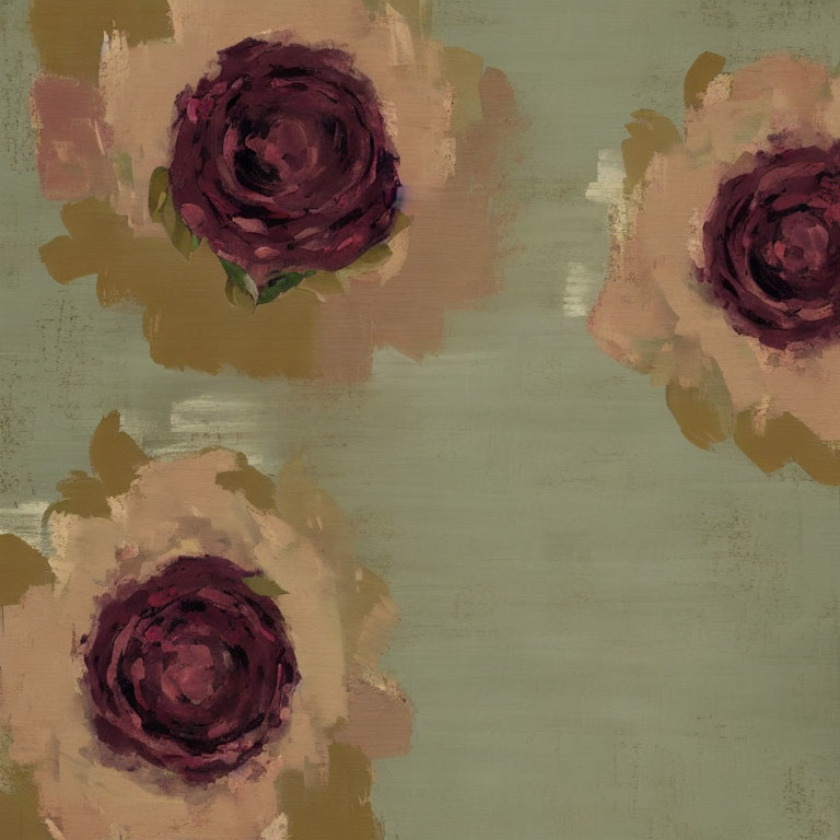 Abstract painting featuring three stylized roses in pink and maroon tones on textured olive-green background