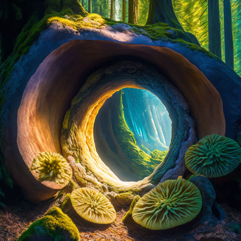 Mossy forest scene with hollow tree trunk and mushrooms