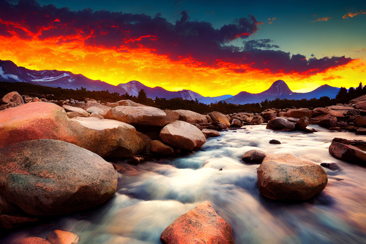 Scenic sunset over mountain landscape with fiery clouds reflected in river