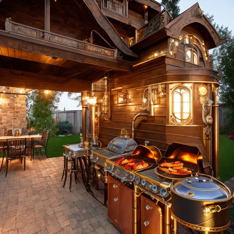 Modern outdoor kitchen with wood accents, stone wall backdrop, and grilled food on a wooden deck