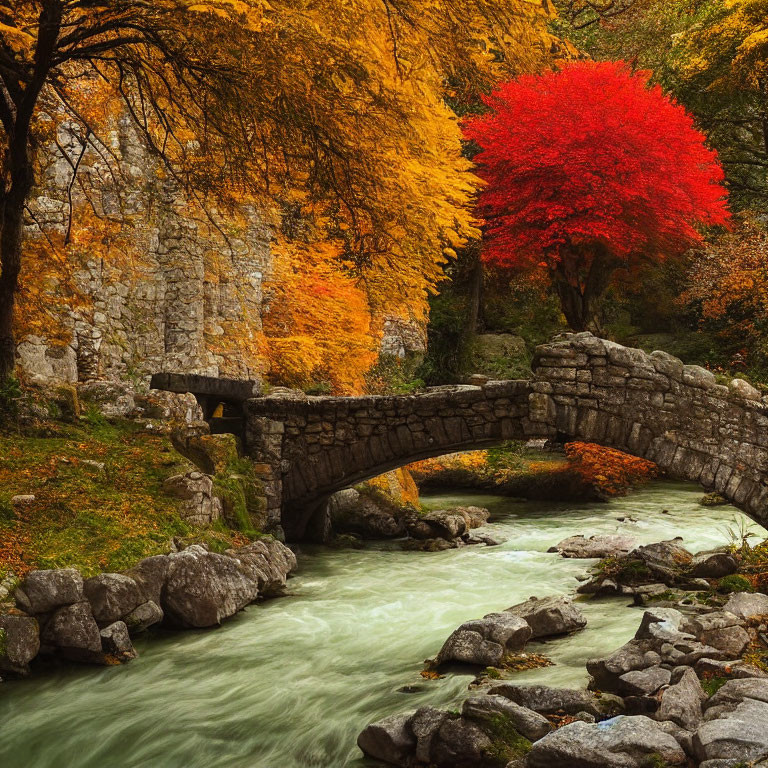 Stone bridge over stream in autumn foliage with red tree