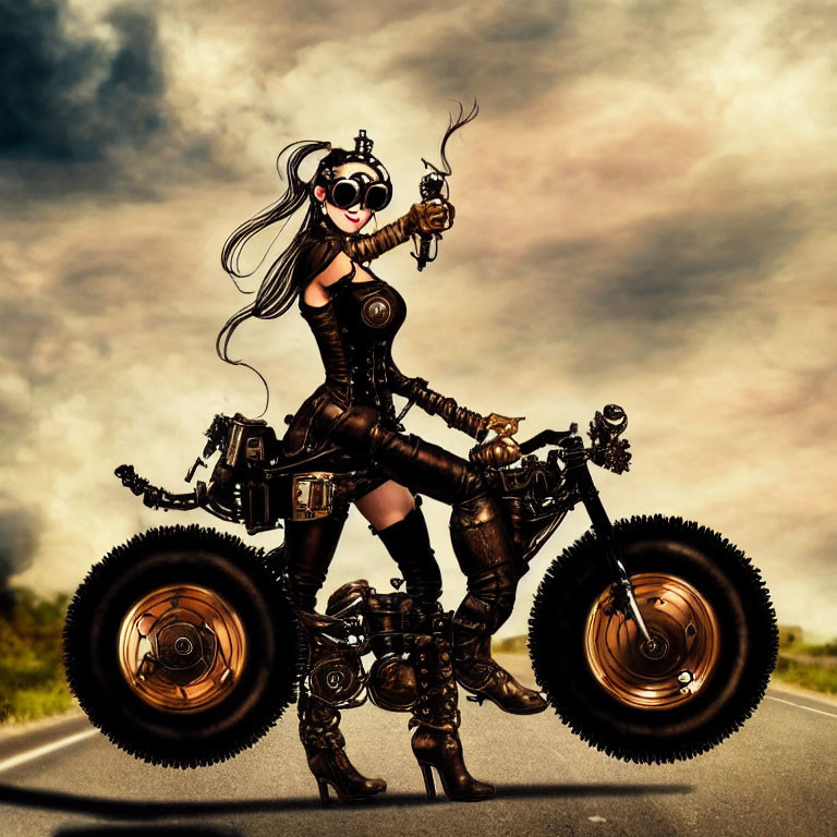 Steampunk-themed woman with goggles and revolver by bike on cloudy road