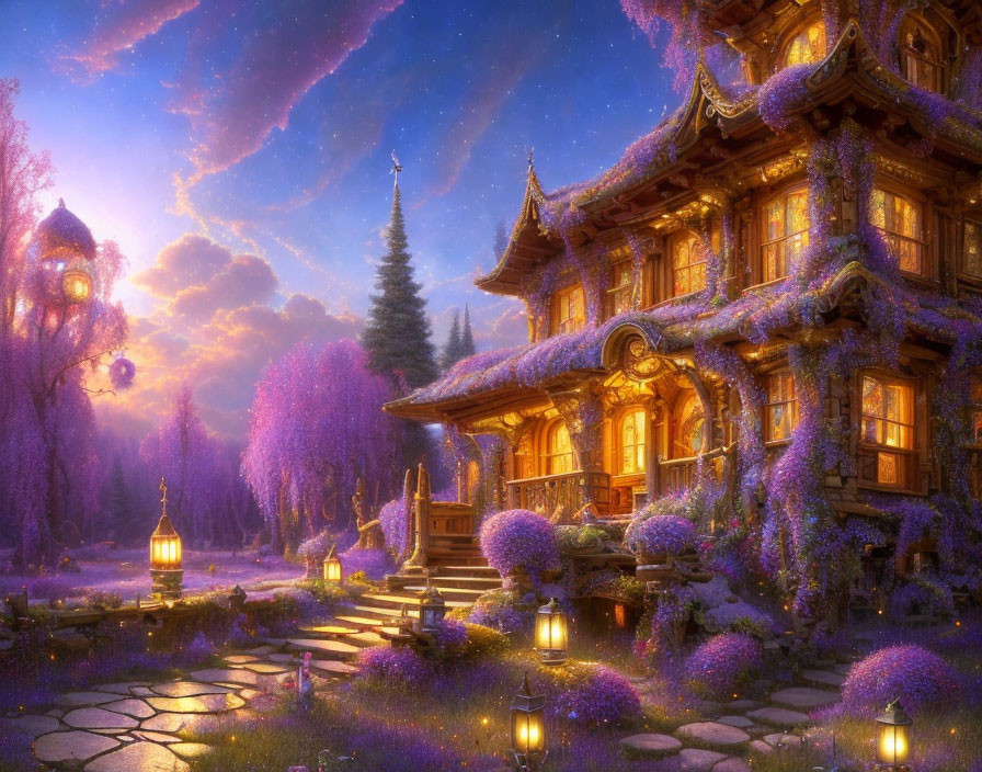 Enchanting illuminated cottage in lush purple flora under twilight sky