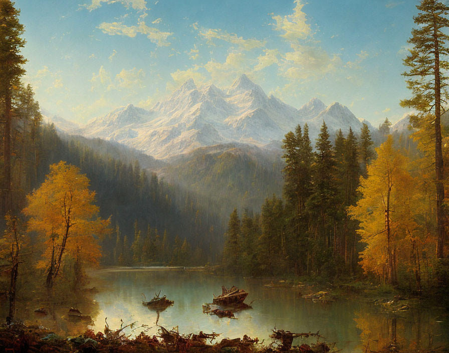 Autumn Trees and Snow-Capped Mountains in Serene Lake Painting