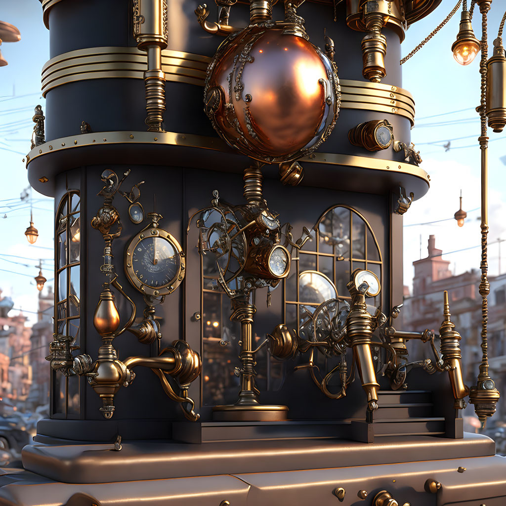 Steampunk device with brass gears and clock elements in old cityscape at dusk