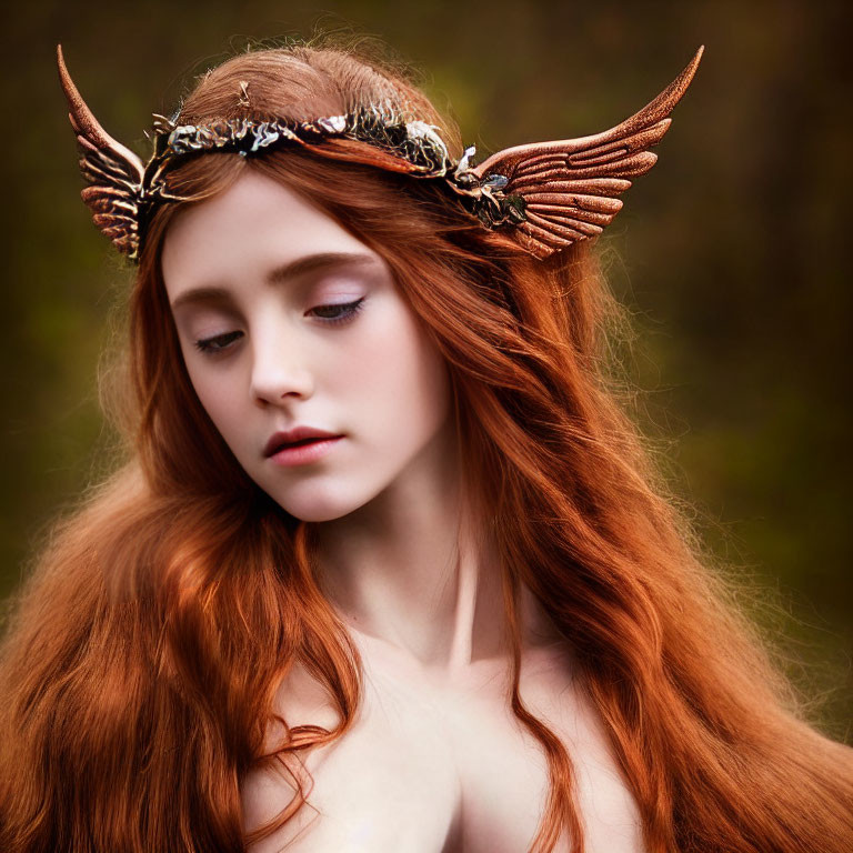 Long red-haired woman in fantasy headdress with metal wings