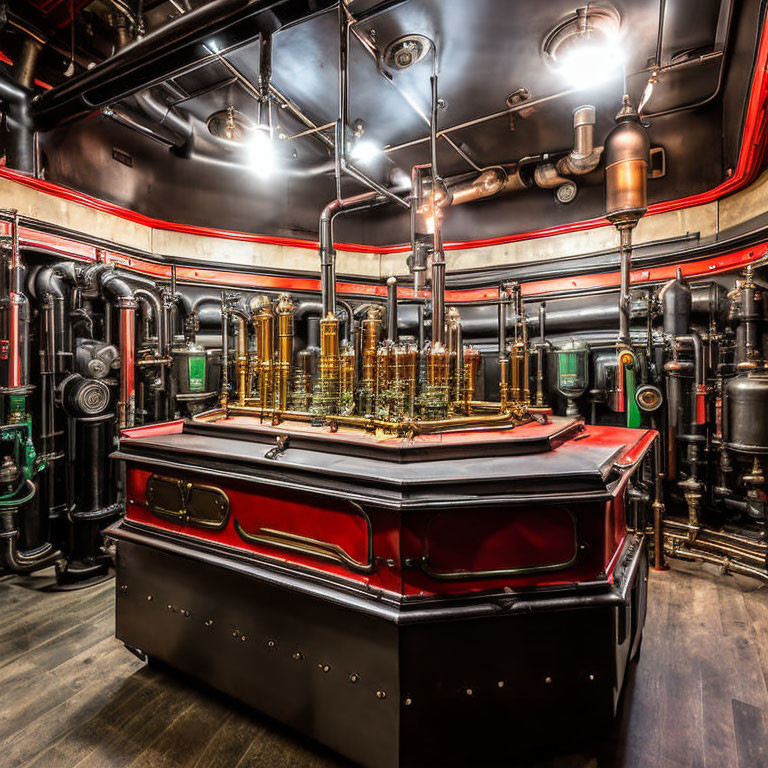 Steampunk-themed room with brass machinery, black walls, red accents, and industrial lamps