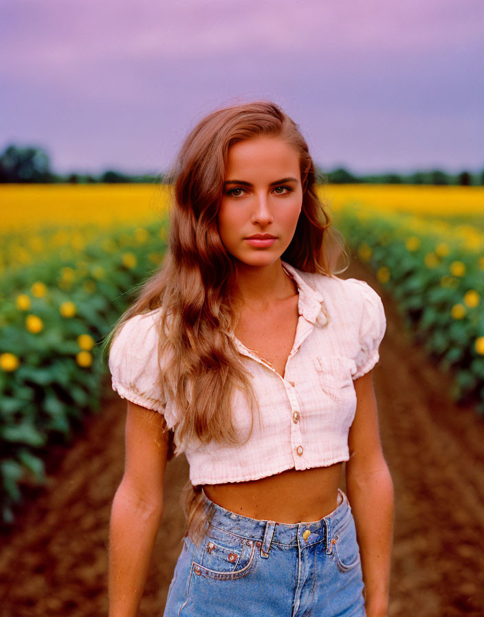 Woman in white crop top and denim jeans in sunflower field under purple sky