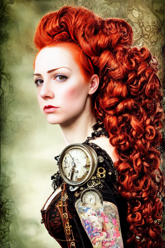 Elaborate red hairstyle and steampunk attire on woman with corset and clock.