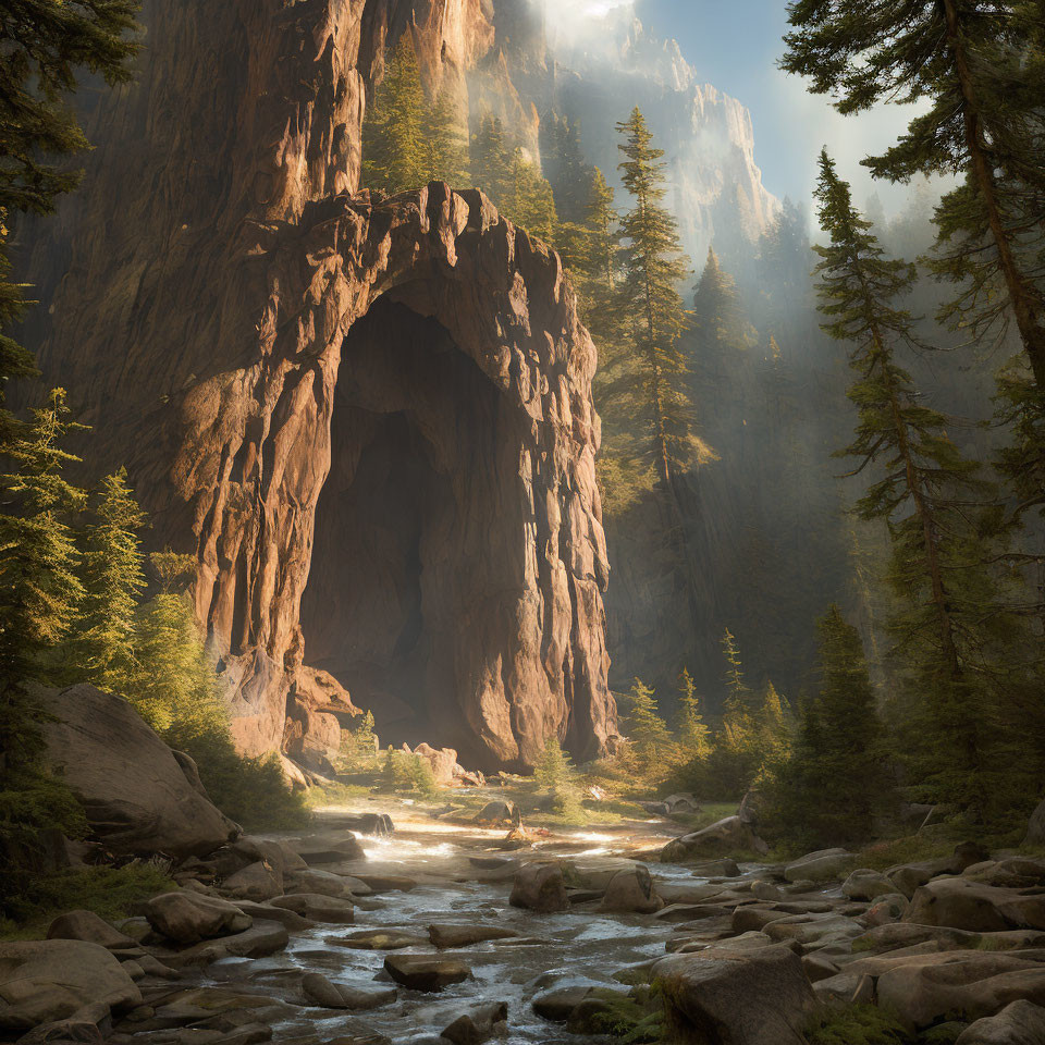 Tranquil forest landscape with sunlit clearing, natural tree arch, flowing river, and towering trees