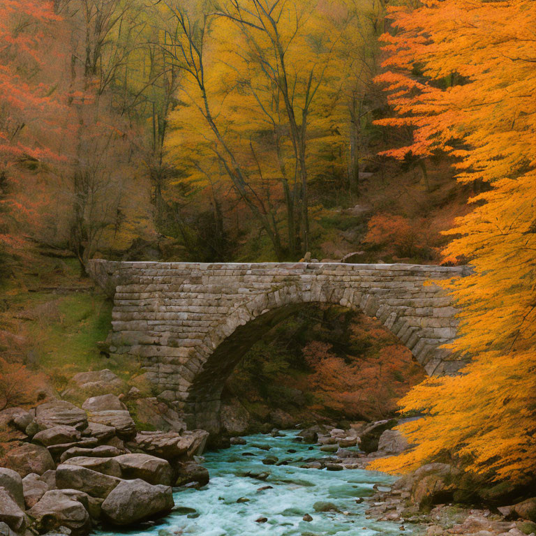 Ancient stone bridge over turquoise stream in autumn forest
