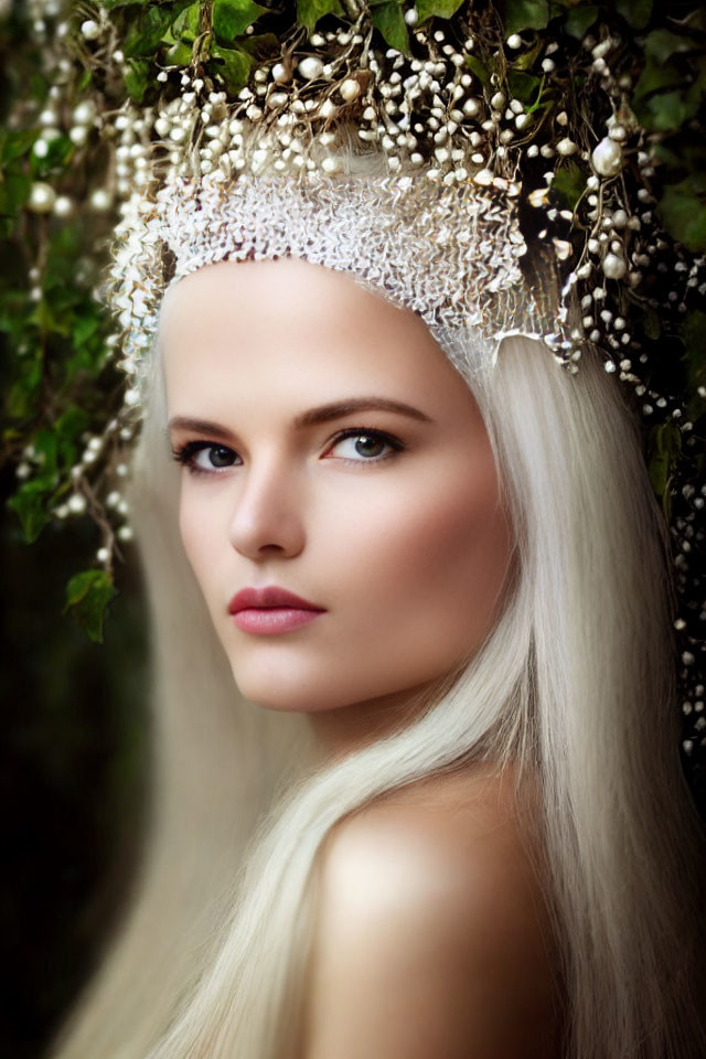 Woman with Long White Hair in Decorative Headpiece Surrounded by Green Foliage