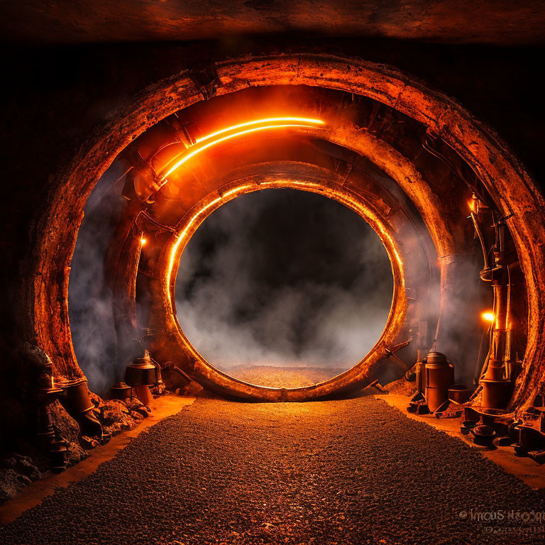 Circular Tunnel Illuminated with Warm Orange Lights and Old-Fashioned Lanterns