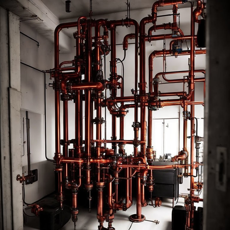 Red and Copper Pipes and Valves Against Concrete Wall in Industrial Setting