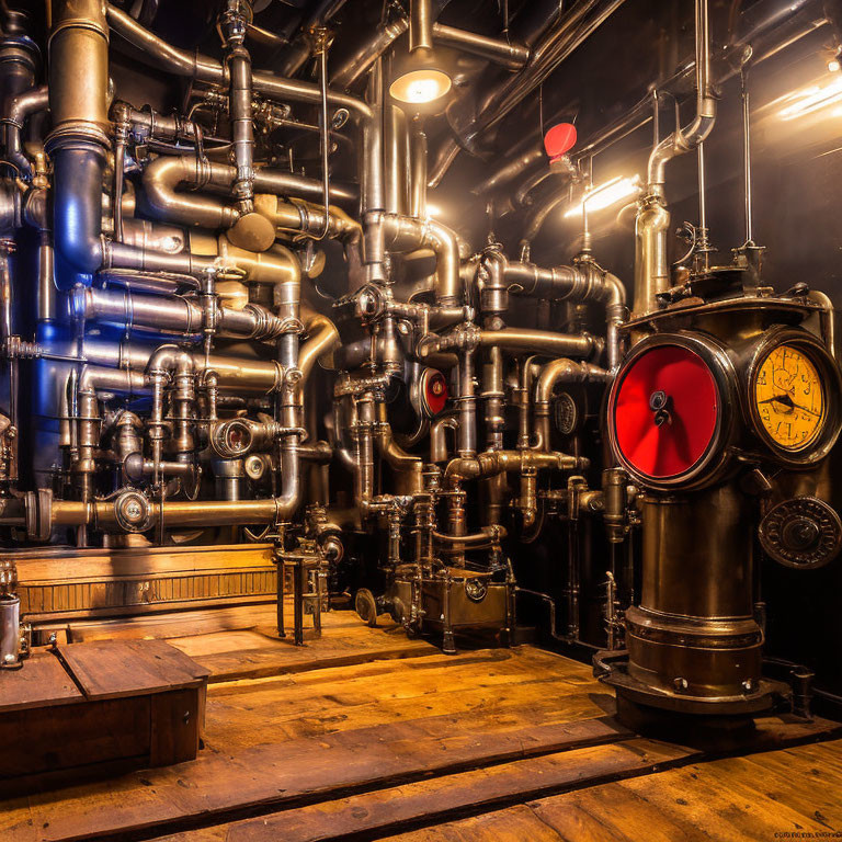 Steampunk-Themed Room with Pipes, Gauges, Warm Lighting, and Wooden Floor
