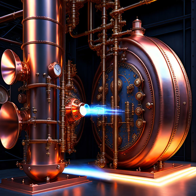 Detailed futuristic machinery emitting blue plasma beam in industrial setting