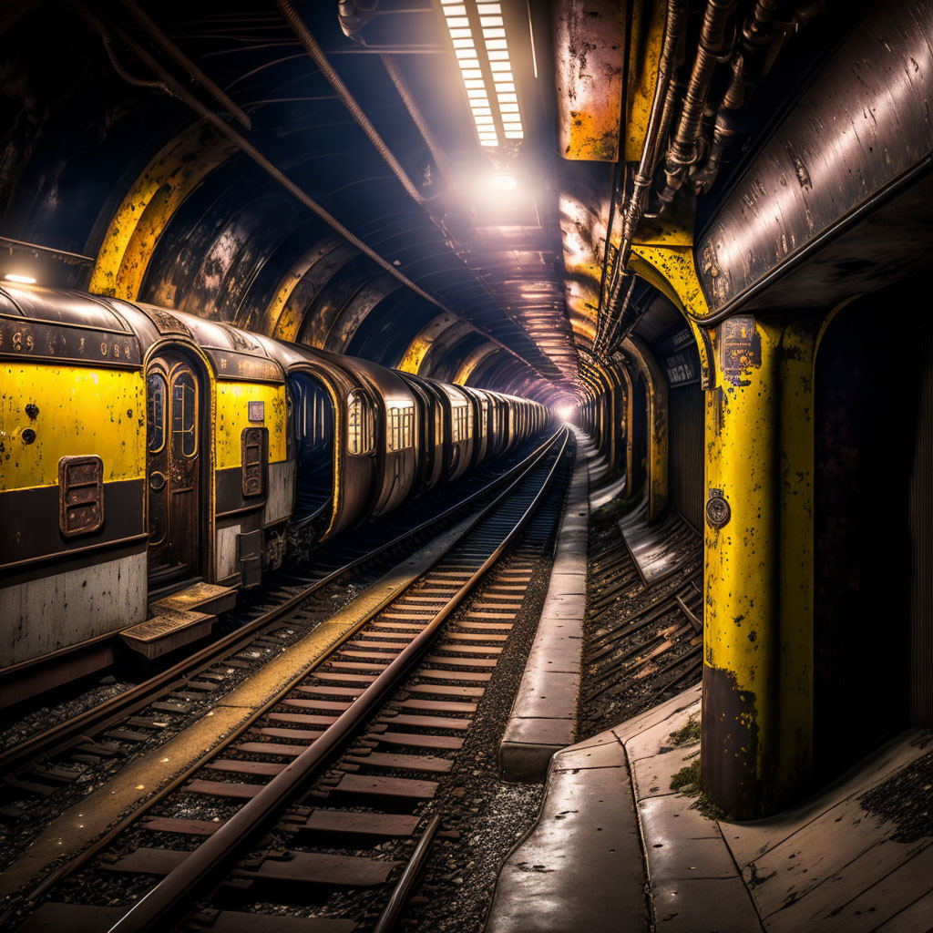 Dimly Lit Subway Tunnel with Trains and Vanishing Perspective