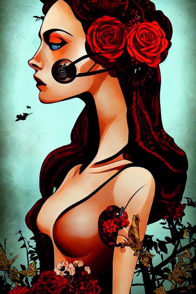 Illustration of woman with roses, headset, pomegranate tattoo & butterfly among thorny stems