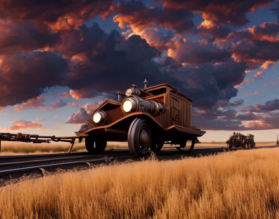 Vintage Wooden Car with Oversized Headlights on Railway Tracks in Golden Fields at Dusk