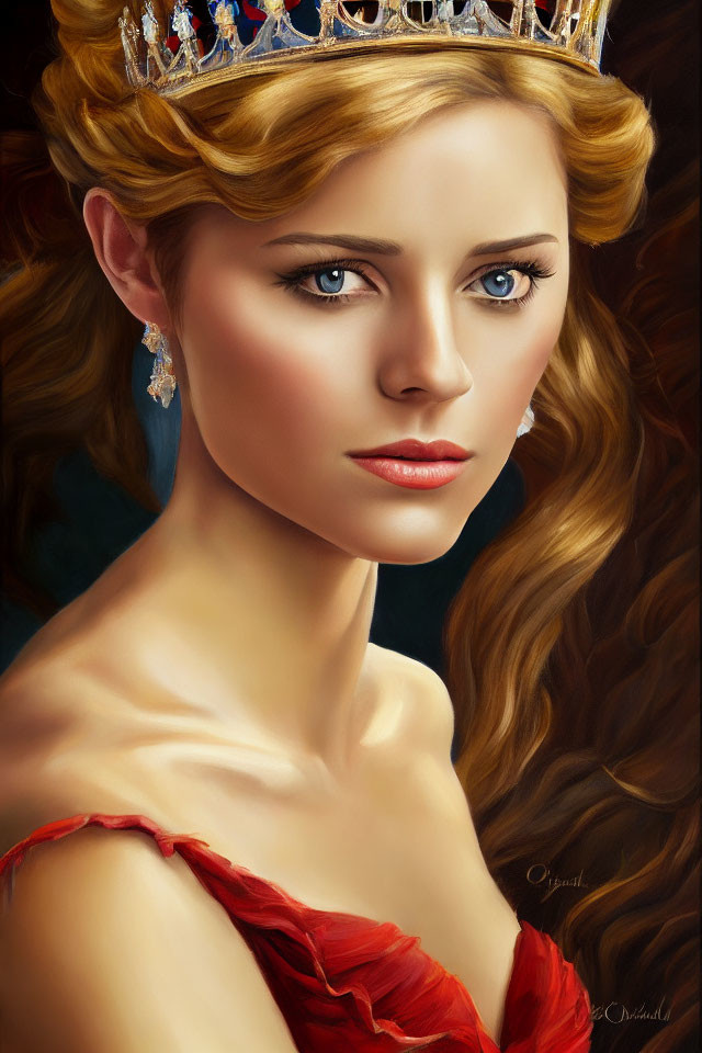 Fair-skinned woman in jeweled crown and red dress with ruffled neckline
