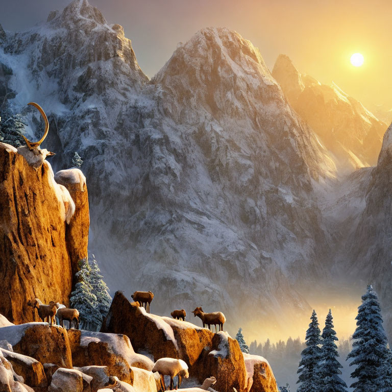 Herd of ibex on rocky outcrop with snow-covered mountains at sunset