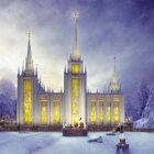 Illuminated church with twin spires in winter landscape