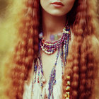 Red-haired woman with braids and layered necklaces in nature scene
