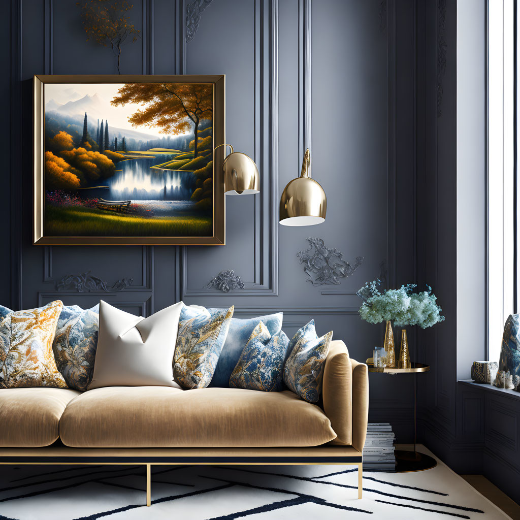 Sophisticated living room with navy walls, beige sofa, gold lighting, and classic landscape painting