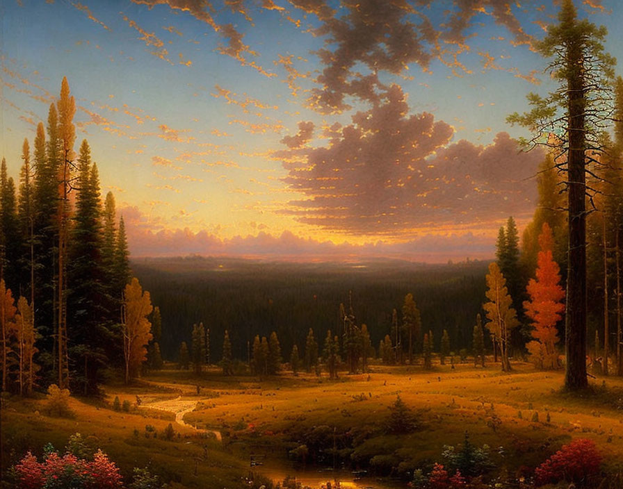 Tranquil sunset landscape with tall trees, distant forest, stream, and glowing sky