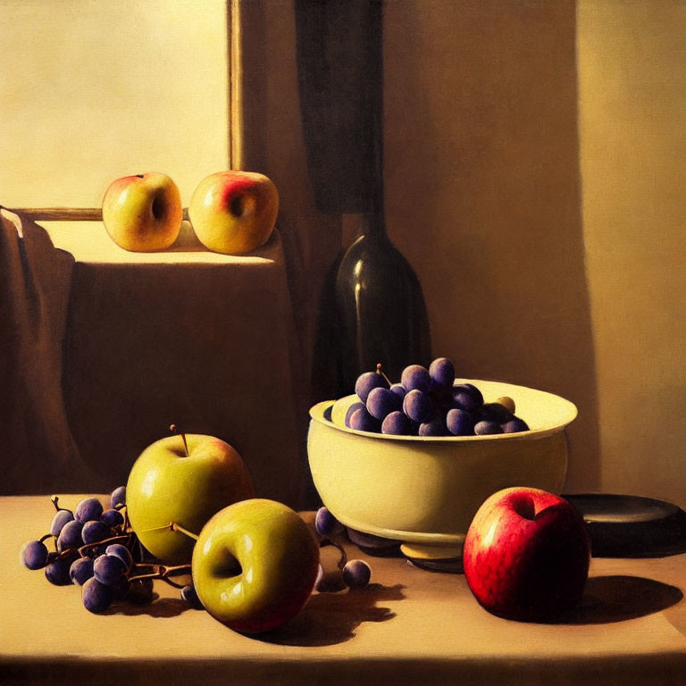 Classic still life painting with apples, grapes, bowl, and bottle