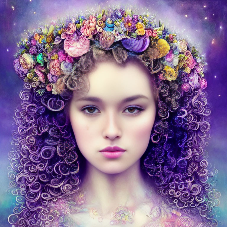 Surreal portrait of woman with curly hair and flower crown on mystical purple background