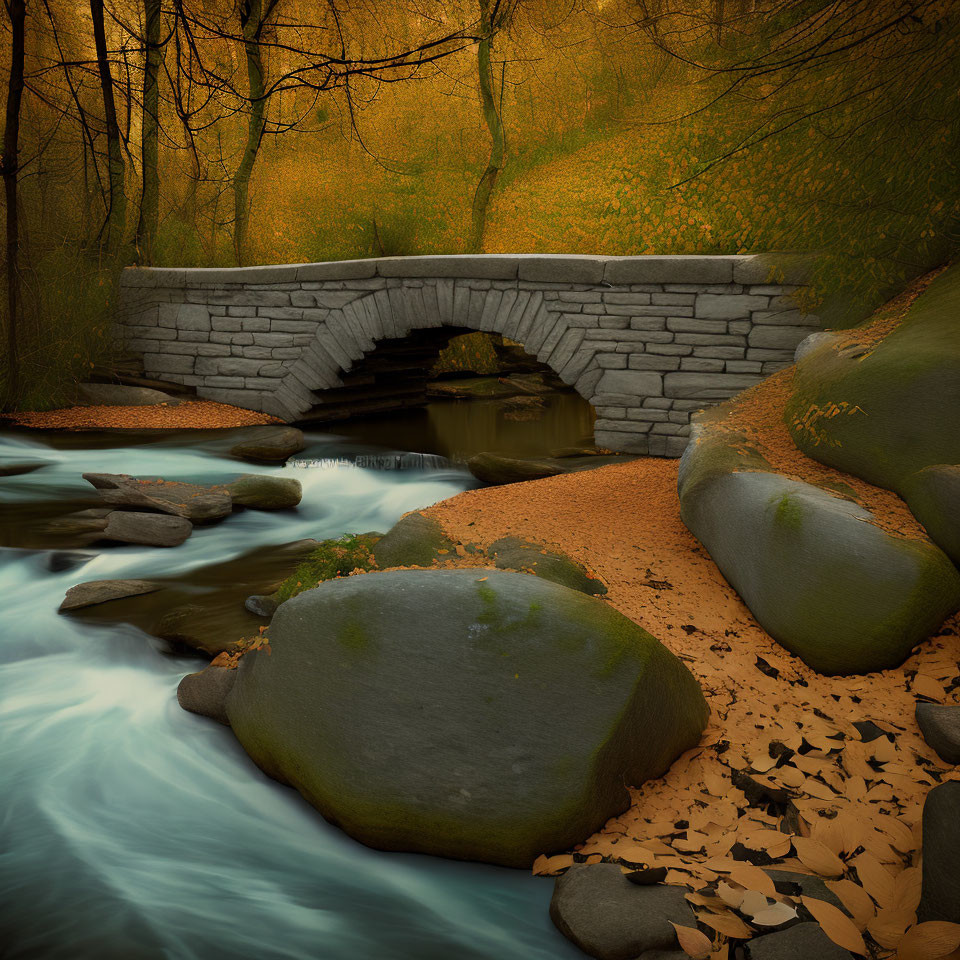 Tranquil autumn landscape with stone bridge and flowing stream