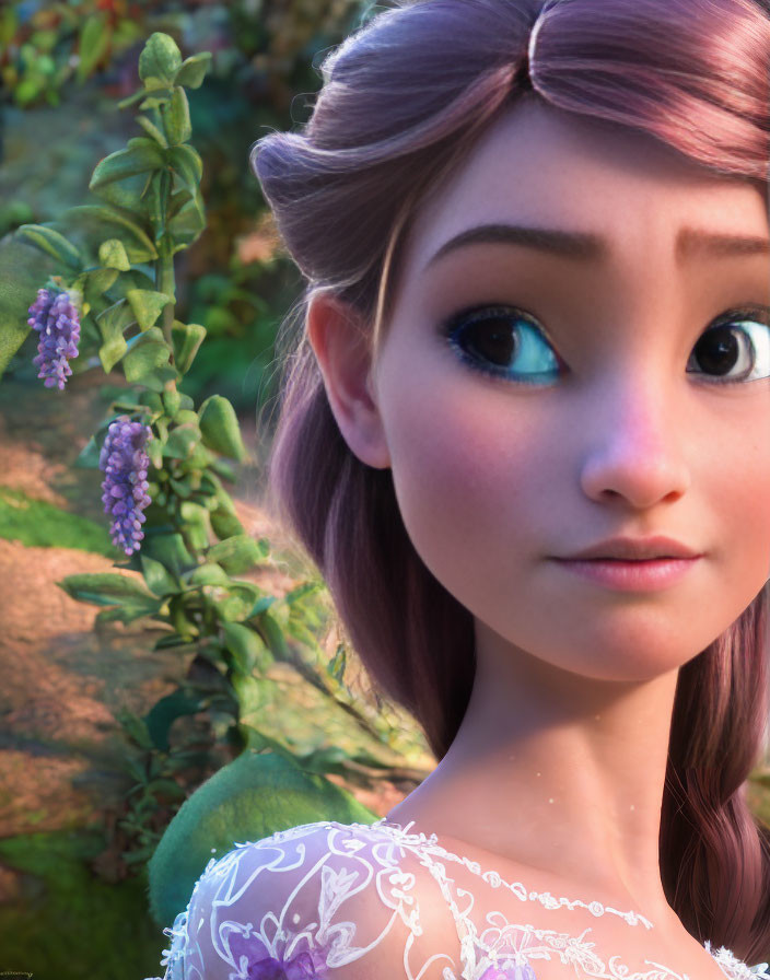 Detailed close-up of 3D animated female character surrounded by purple flowers and lush greenery