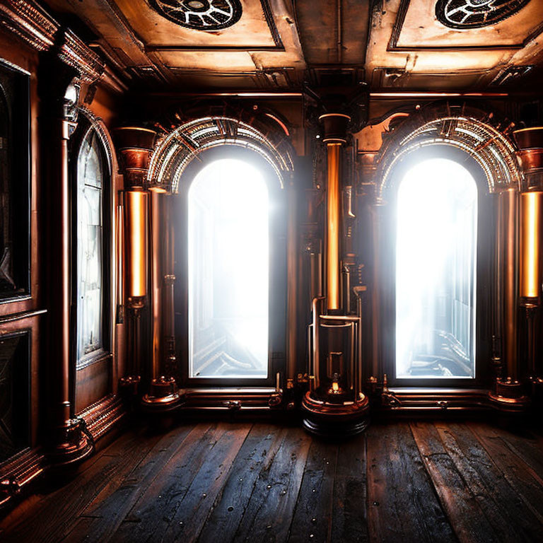Steampunk-Inspired Room with Wooden Floors and Copper Pipes