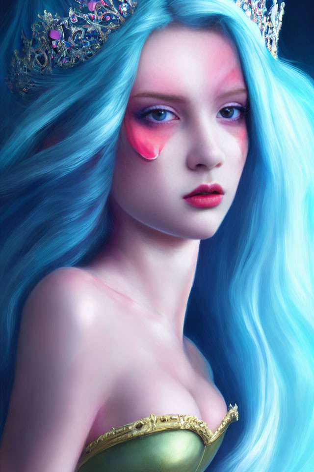 Stylized portrait of woman with blue hair, gem crown, and pink cheek glow