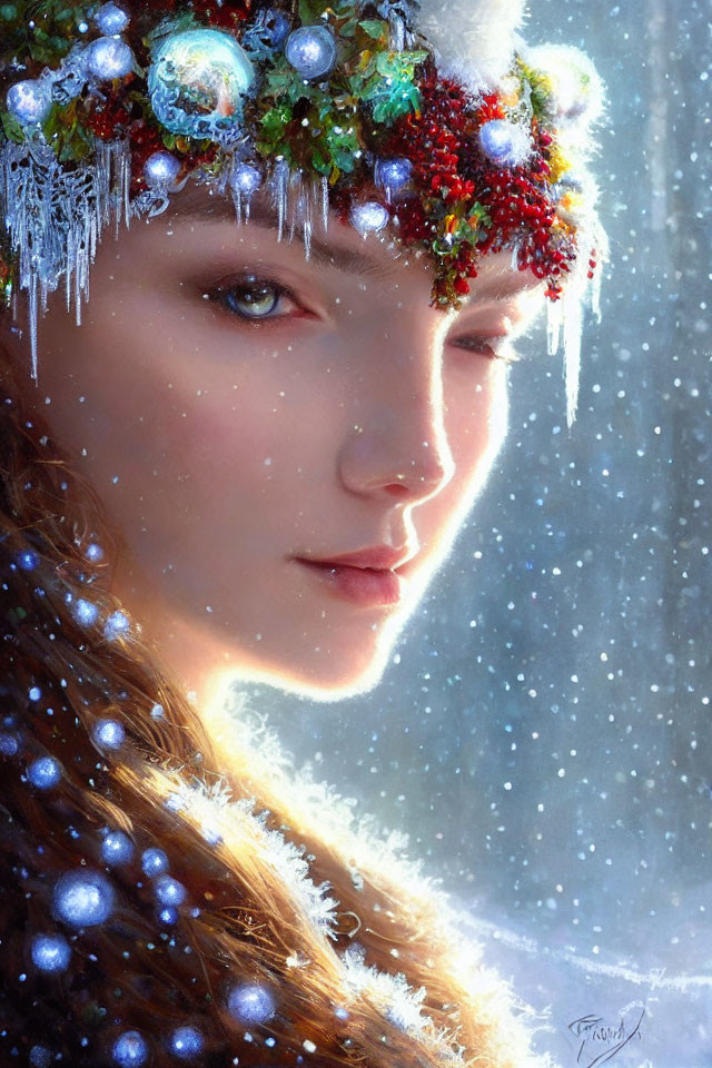 Winter-themed portrait of woman with holly and icicles headpiece in snowy setting