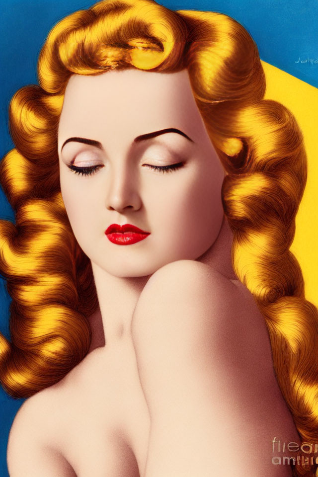 Stylized portrait of woman with golden curls and red lipstick on yellow and blue background