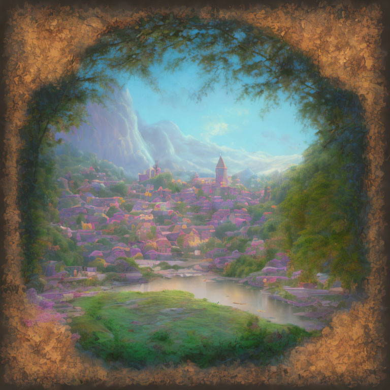 Fantasy landscape painting with village by river at dawn or dusk