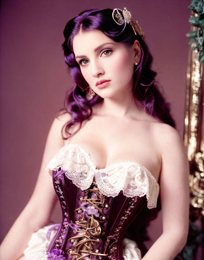 Woman in Purple Hair and Vintage Corset Dress on Purple Background