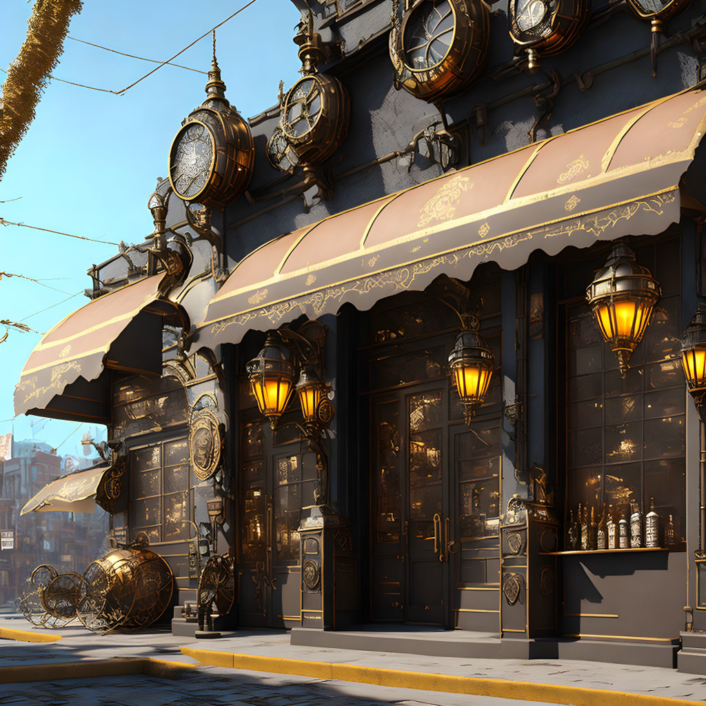Vintage Street Scene with Ornate Clocks, Lamp Posts, and Sophisticated Storefront