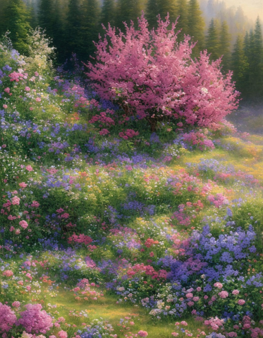 Vibrant meadow with pink blooming tree in misty forest setting